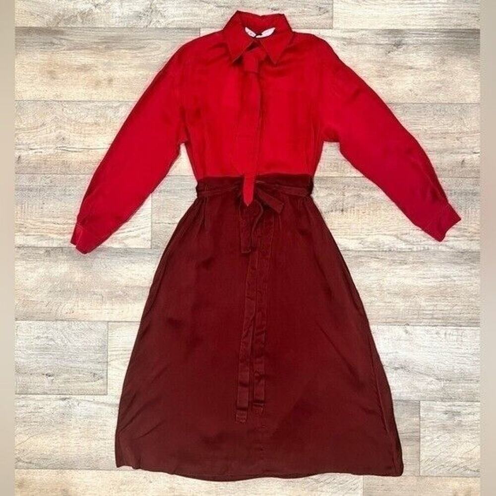 Zara NWT Burgundy Tie Neck Belted Midi Shirt Dress S M - Picture 13 of 16